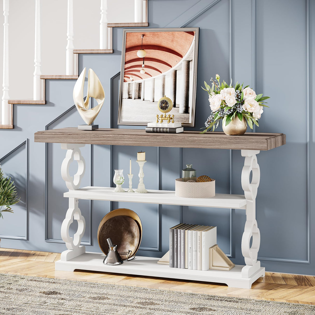 Tribesigns Farmhouse Console Table, 55 inch Rustic Entryway Sofa Table with Storage Shelves, 3 Tier Wood Long Accent Entry Table for Hallway, Entrance, Living Room, Foyer, Grey and White Tribesigns