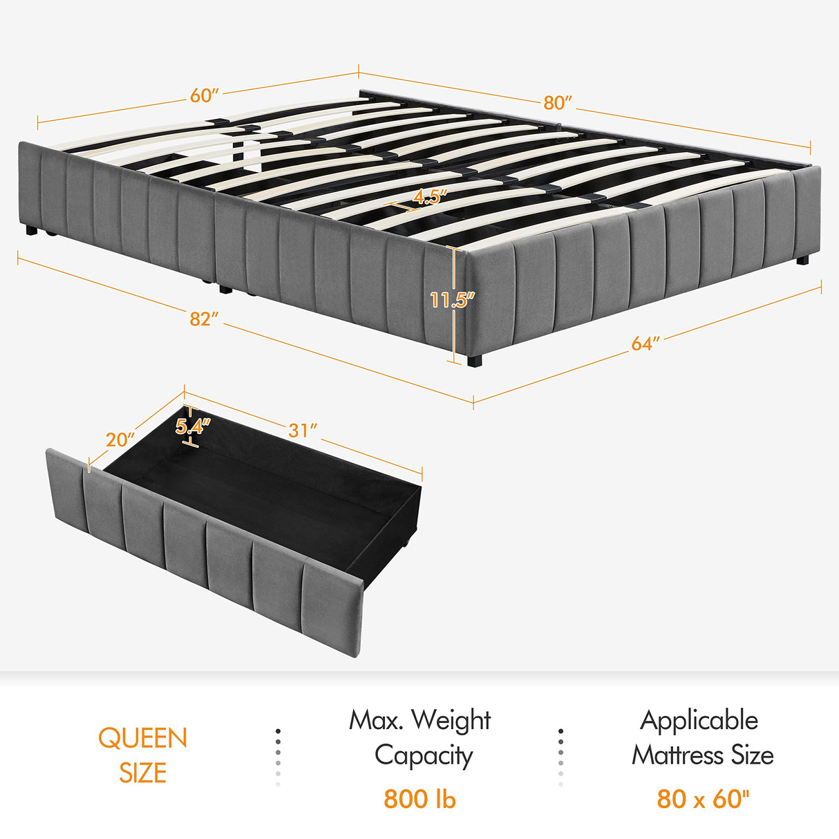 Yaheetech Dark Grey Upholstered Queen Bed with 4 Storage Drawers and No Fixed Headboard Yaheetech