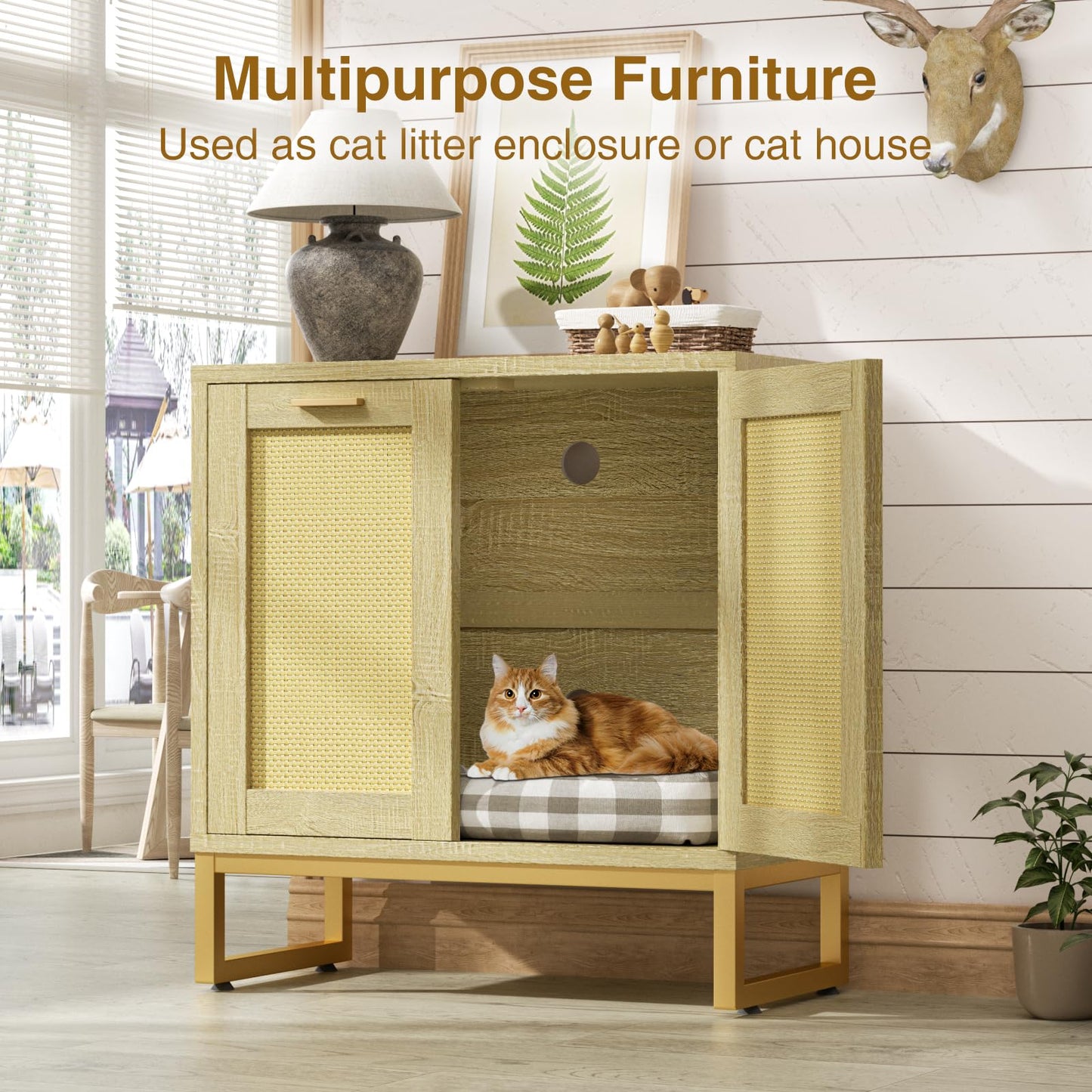 Halitaa Cat Litter Box Enclosure, Hidden Litter Box Furniture with Rattan Door,Cat Washroom Furniture with Metal Frame, Cat House End Table,Natural - WoodArtSupply