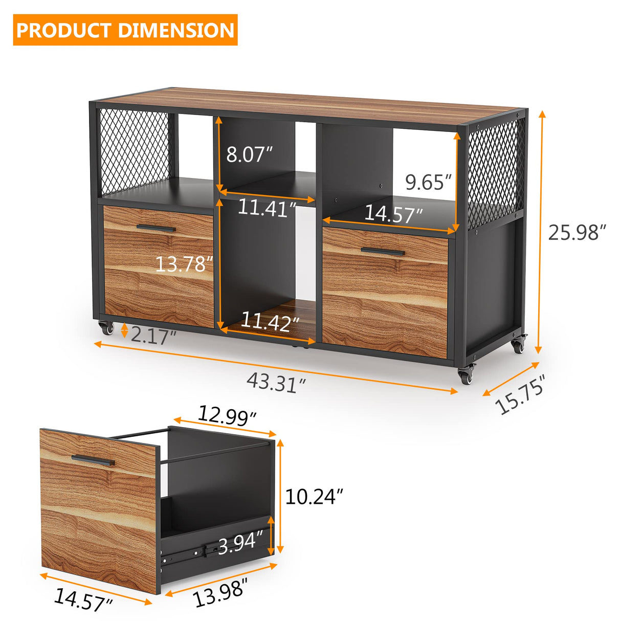 Tribesigns 2 Drawer Wood File Cabinets, Modern Mobile Lateral Filing Cabinet for Letter/ A4 Size, Printer Stand with Open Storage Shelves and Drawer for Home Office, Rustic Walnut Tribesigns