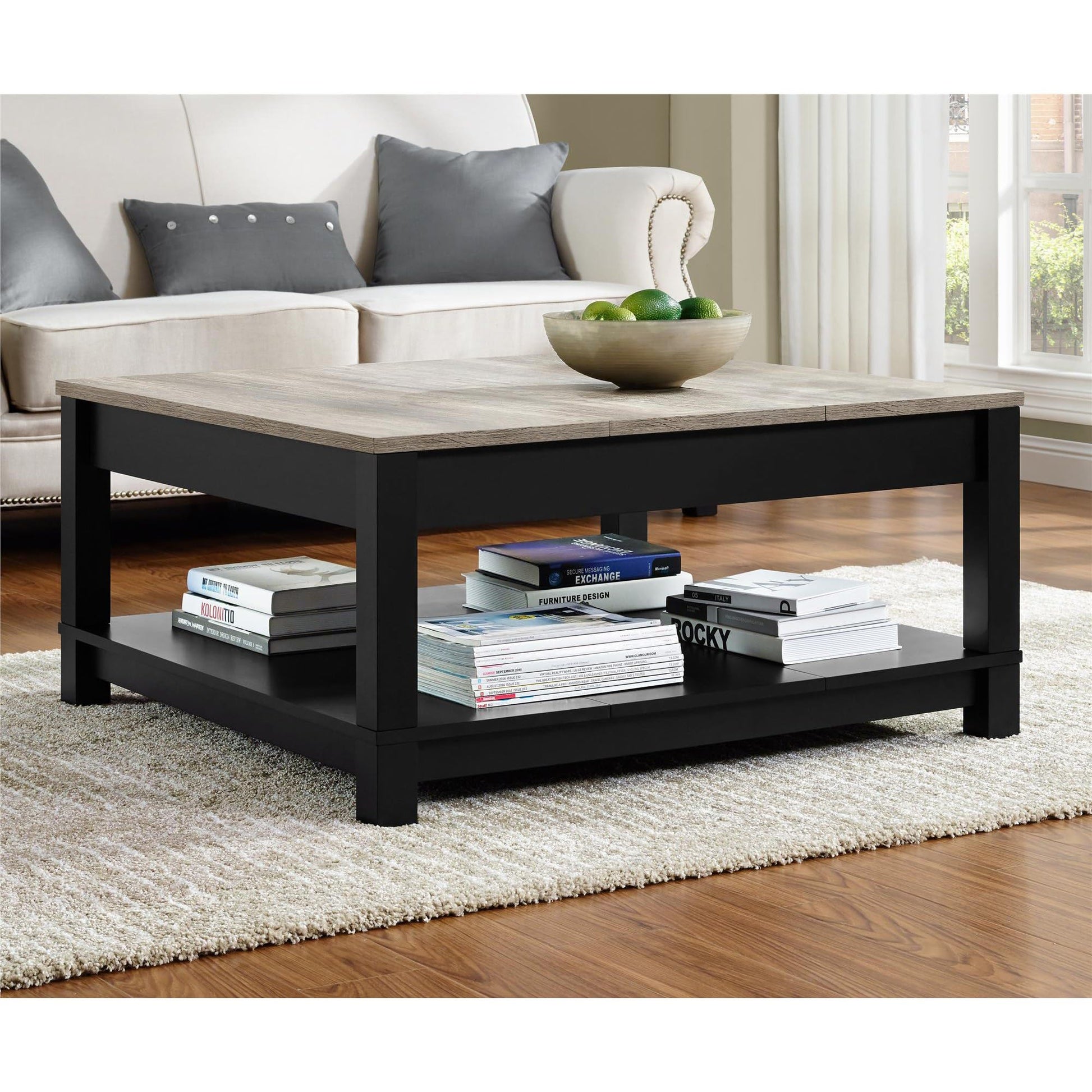 Ameriwood Home Carver Coffee Table with Open Storage, Matte Black Paint and Distressed Wood Grain Accents - WoodArtSupply