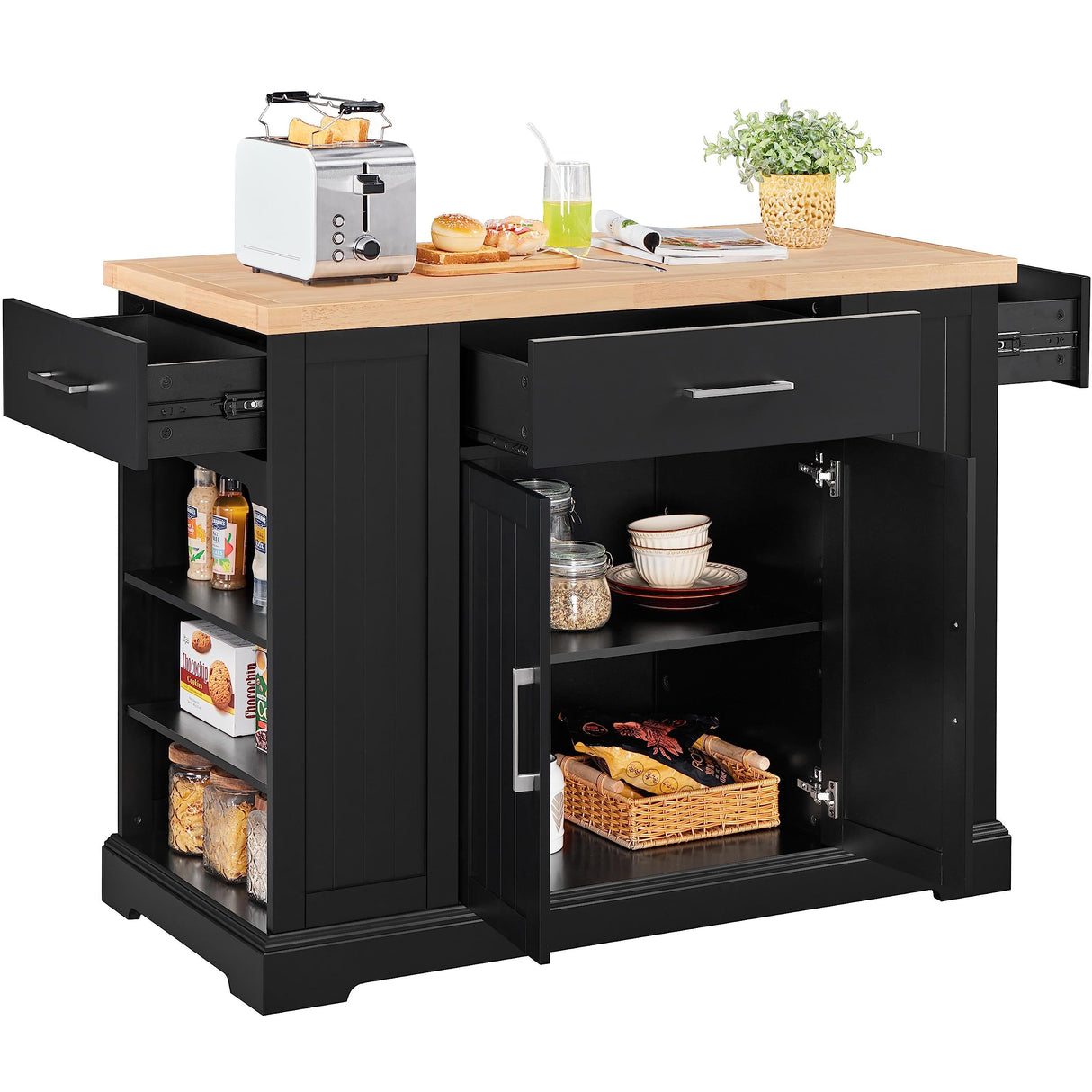 Yaheetech Kitchen Island on Hidden Wheels, Rolling Kitchen Cart with Thicker Rubberwood Top & 3 Drawers & Open Shelves, Storage Cabinet with Yaheetech