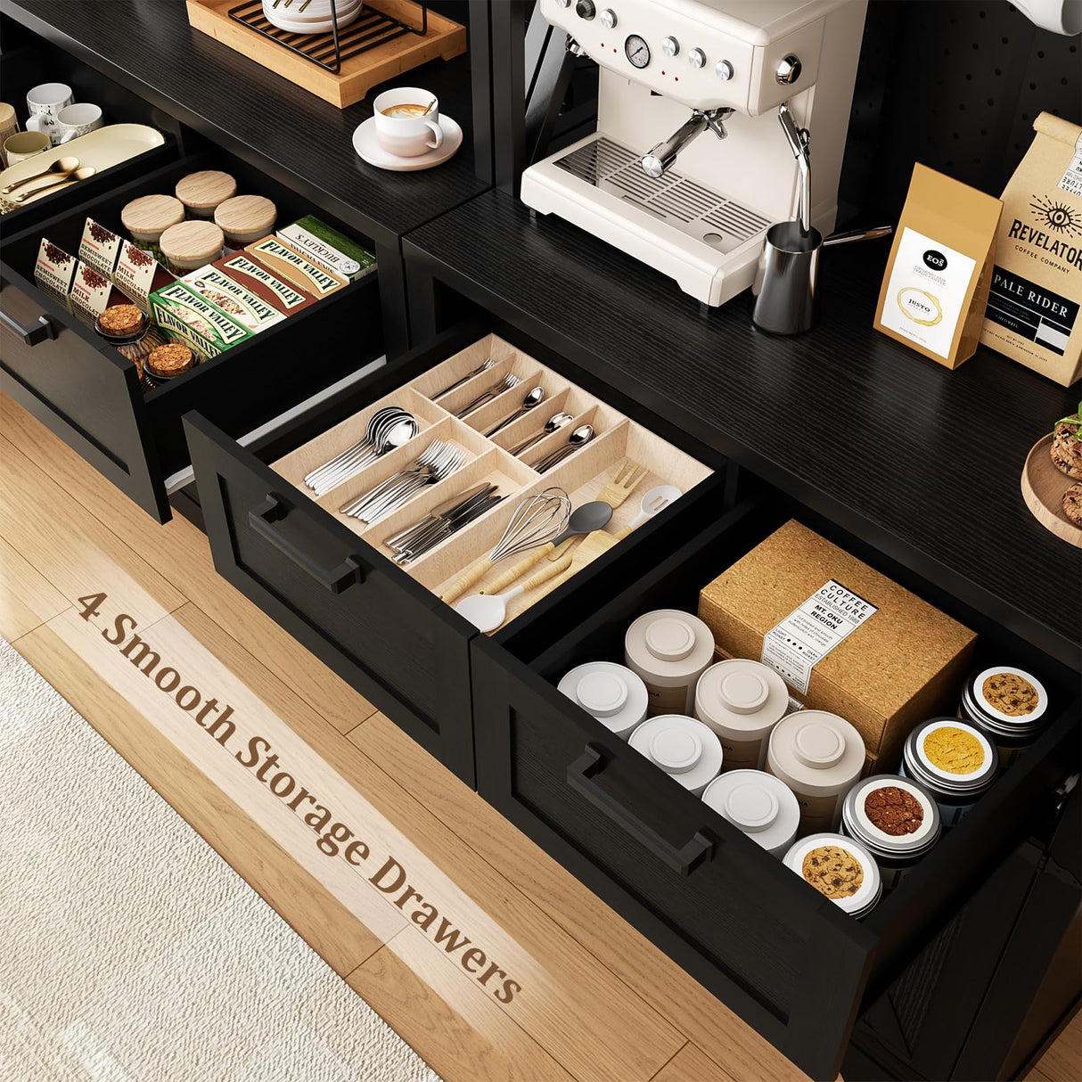 Unikito 71" Tall Kitchen Pantry Storage Cabinet with LED Light & Outlet, 63" Wide Kitchen Hutch Cabinet with Large Countertop, DIY Pegboard and Drawers, Farmhouse Food Pantry for Living Room, Black Unikito