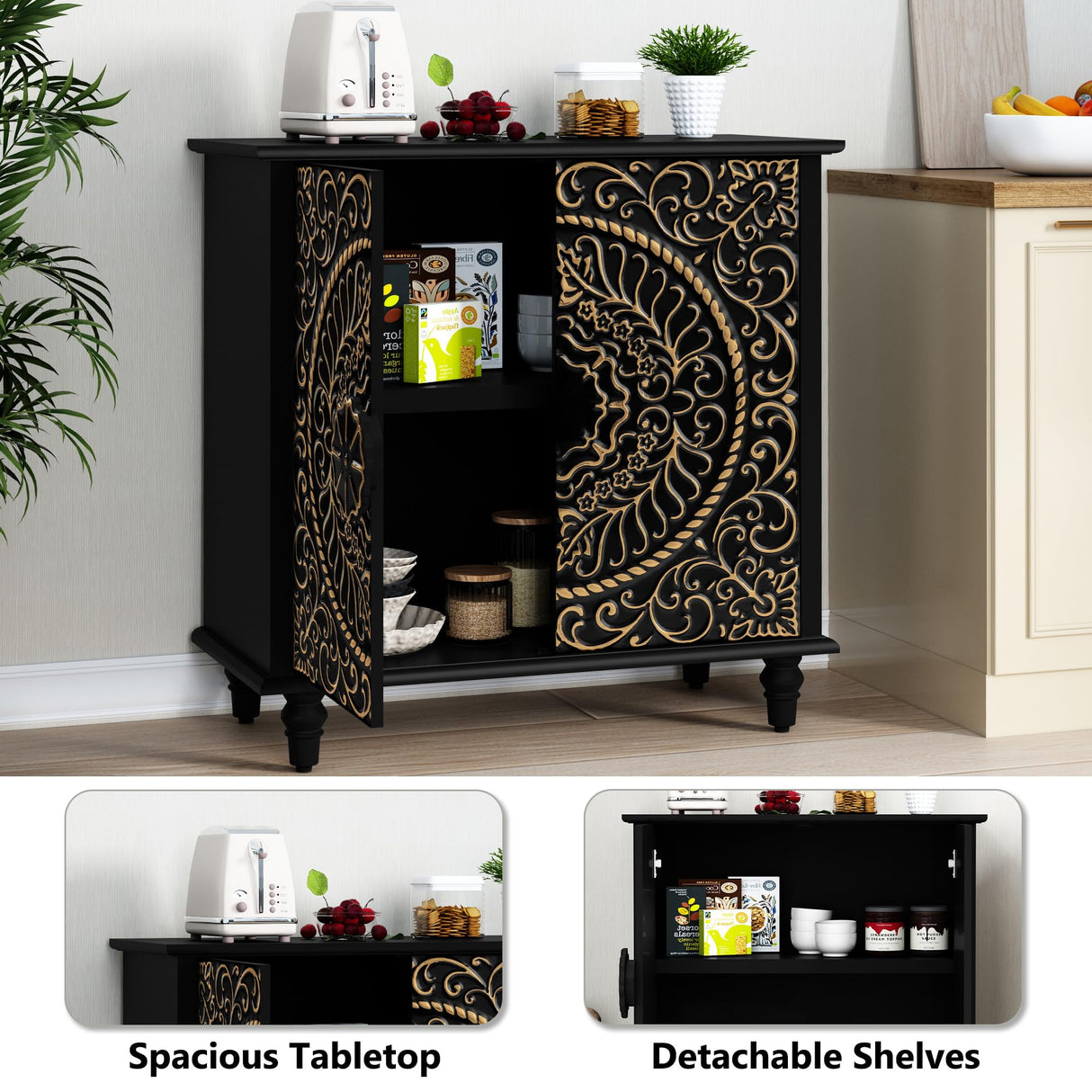 ARTPOWER Accent Cabinet with 2 Doors, Decorative Storage Cabinet with Carved Flower Pattern, Black Sideboard Buffet Cabinet, Wood Credenza with Storage for Entryway, Living Room, Kitchen, Dining Room ARTPOWER