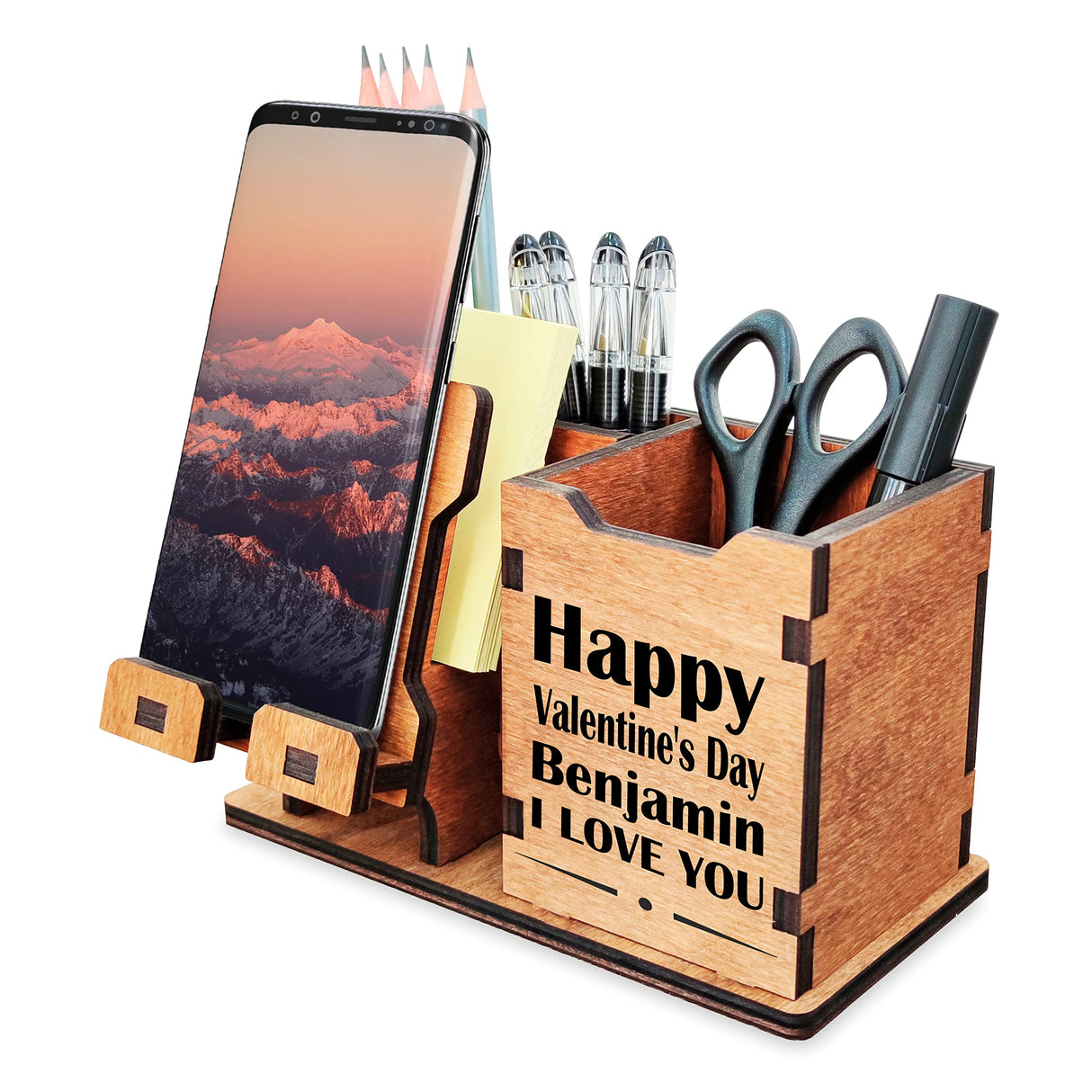 Personalized Wooden Pen Holder for Desk with Cell Phone Holder Wood Desk Organizer Pencil Holder Coworker Gifts Boss Leader Colleague Friends Office Organization Employee Appreciation Gifts Woodland