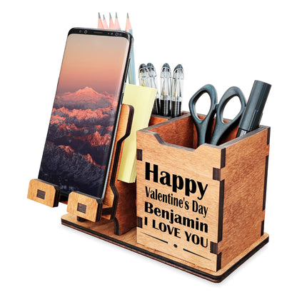 Personalized Wooden Pen Holder for Desk with Cell Phone Holder Wood Desk Organizer Pencil Holder Coworker Gifts Boss Leader Colleague Friends Office Organization Employee Appreciation Gifts - WoodArtSupply