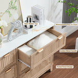 6 Drawers Dresser for Bedroom, 54" Large Storage Dresser, Farmhouse Wood Dressers with Faux Marble Top, Modern Dressers & Chests of Drawers for Living Room Entryway, Fluted Curved Profile, Natural Oak GIAJORYA