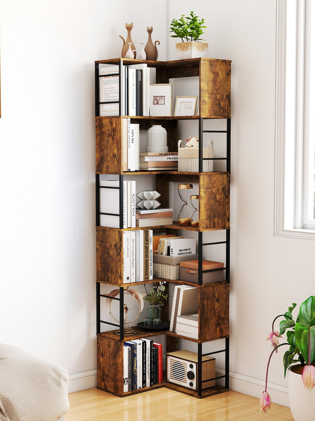 Qriocioa 7-Tier Corner Bookshelf 73.6 Inches Tall Corner Bookcase Industrial Wood and Metal L Shaped Bookshelf Large Storage Display Rack for Living Room, Home Office, Rustic Brown Qriocioa