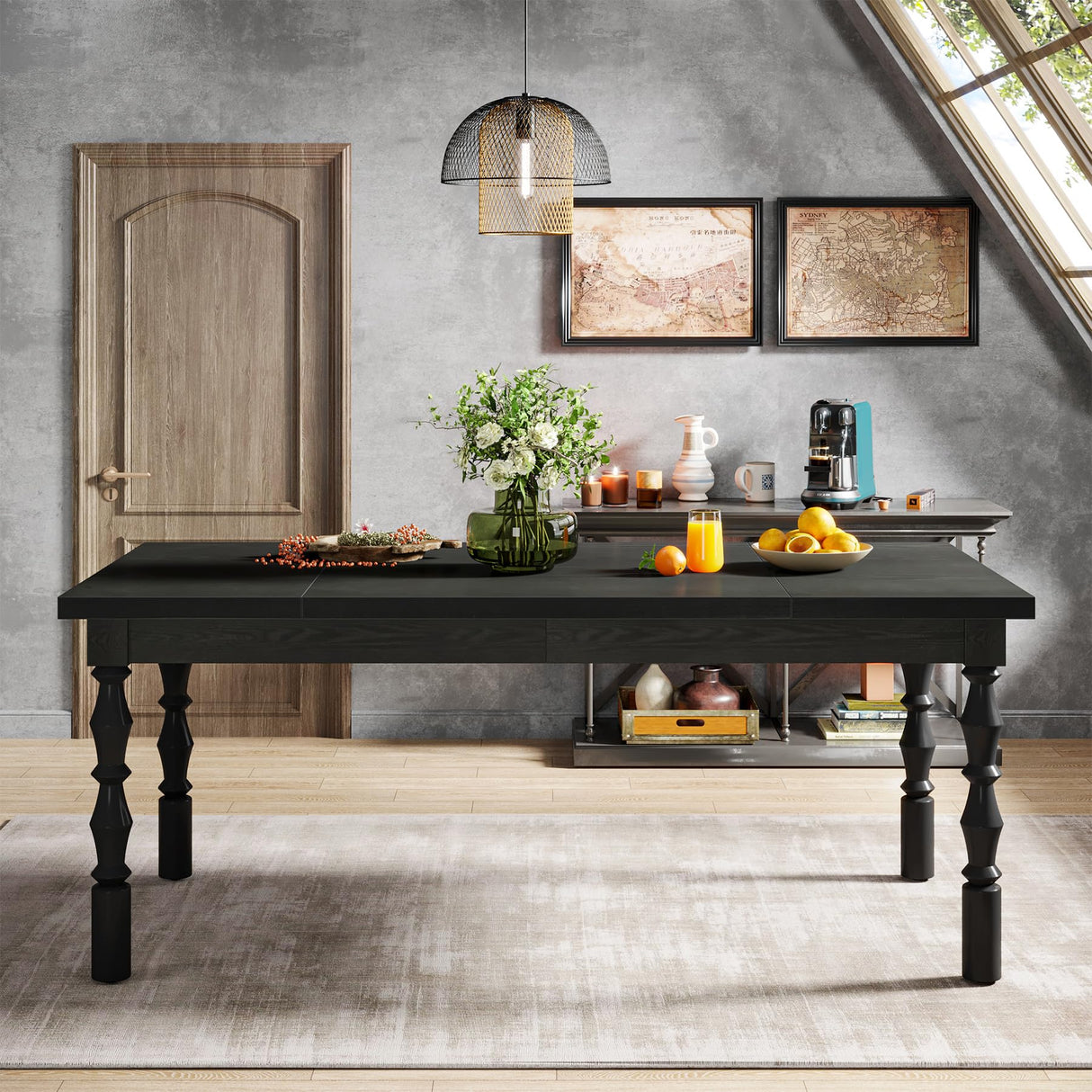 Tribesigns Wood Black Dining Table for 4-6 People, 62” Farmhouse Large Rectangle Kitchen Table, Modern Dinner Table Kitchen & Dining Room Furniture with Carved Turned Legs Tribesigns