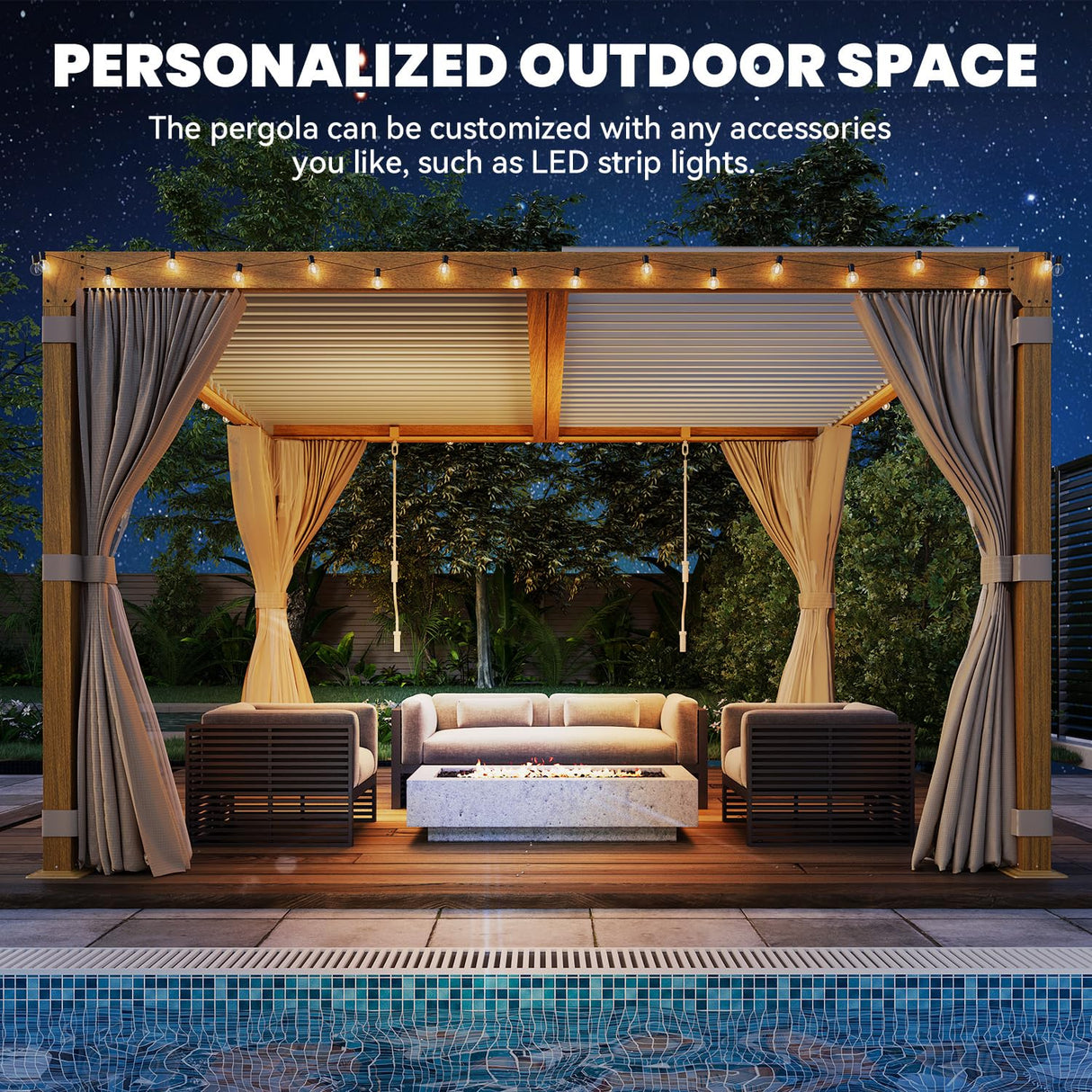 UPHYB Louvered Pergola 12x12ft, Adjustable Aluminum Pergola with Waterproof Curtains and Nets, Sun & Rain Shade for Patio, Modern DIY Outdoor Living Upgrade, Woodgrain UPHYB