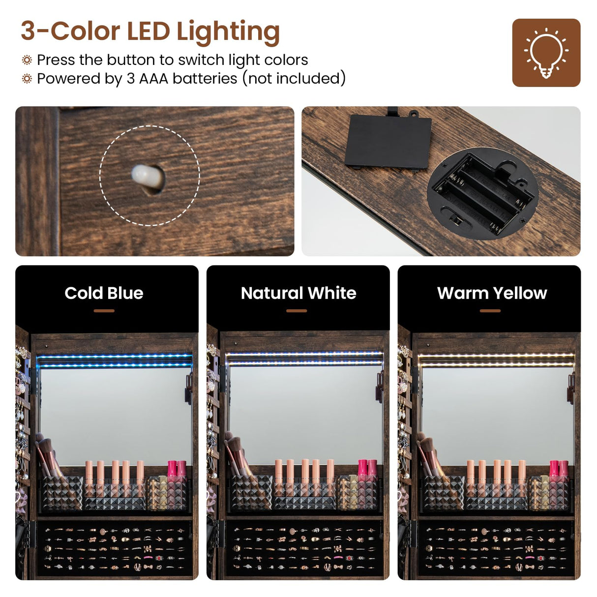 Byroce 360° Rotating Jewelry Armoire with Wheels, Lockable Jewelry Organizer W/ 3-Color LED Lights, Adjustable Shelves & Rear Storage, 64’’H Full Length Mirror Jewelry Cabinet Standing (Rustic Brown) Byroce