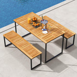 Tangkula 3 Pieces Outdoor Dining Set for 6 People, 55 inch Rectangle Patio Table & 2 Benches with Acacia Wood Tabletop, Metal Frame & Umbrella Hole, Dining Furniture for Yard, Garden, Poolside Tangkula