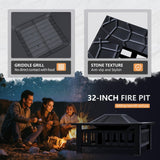 Greesum Multifunctional Patio Fire Pit Table, 32in Square Metal BBQ Firepit Stove Backyard Garden Fireplace with Spark Screen Lid and Rain Cover for Camping, Outdoor Heating, Bonfire and Picnic, Black Greesum