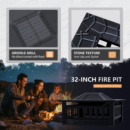 Greesum Multifunctional Patio Fire Pit Table, 32in Square Metal BBQ Firepit Stove Backyard Garden Fireplace with Spark Screen Lid and Rain Cover for Camping, Outdoor Heating, Bonfire and Picnic, Black