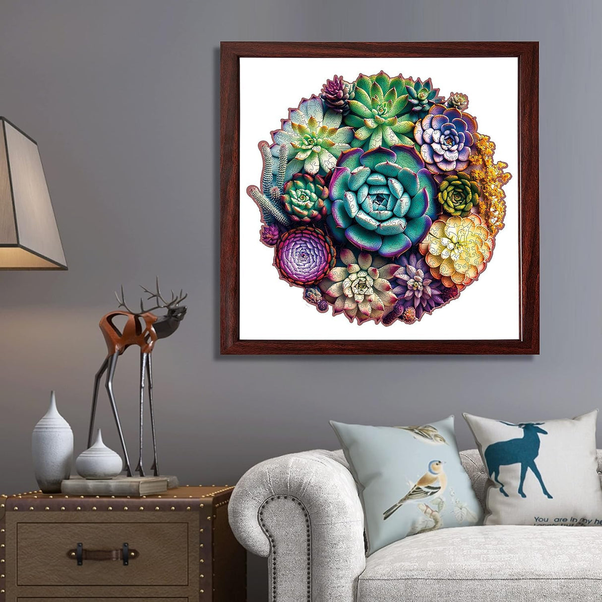 Mys Aurora Unique Wooden Jigsaw Puzzles - Mandala Succulent Plants, 500 Pcs King Size 16.9'' x 16.3'', Luxurious Shaped Wood Puzzle, Beautiful Package, Best Gift for Adults and Kids, Family Game Mys Aurora