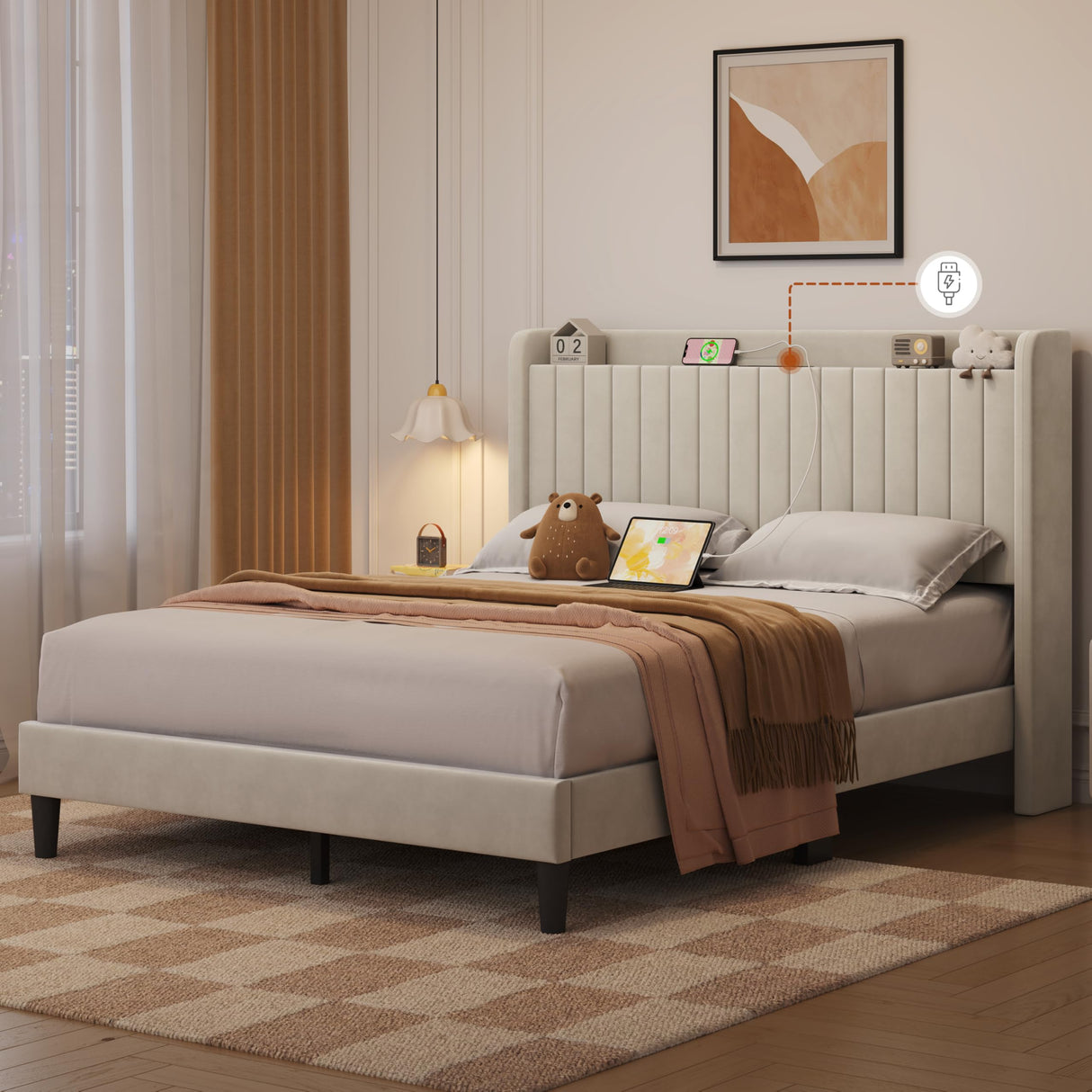 Yaheetech Queen Bed Frame with Headboard, Upholstered Headboard with Charing Station and Storage Shelf, Platform Bed Frame, No Box Spring Needed, Easy Assembly, Beige Yaheetech
