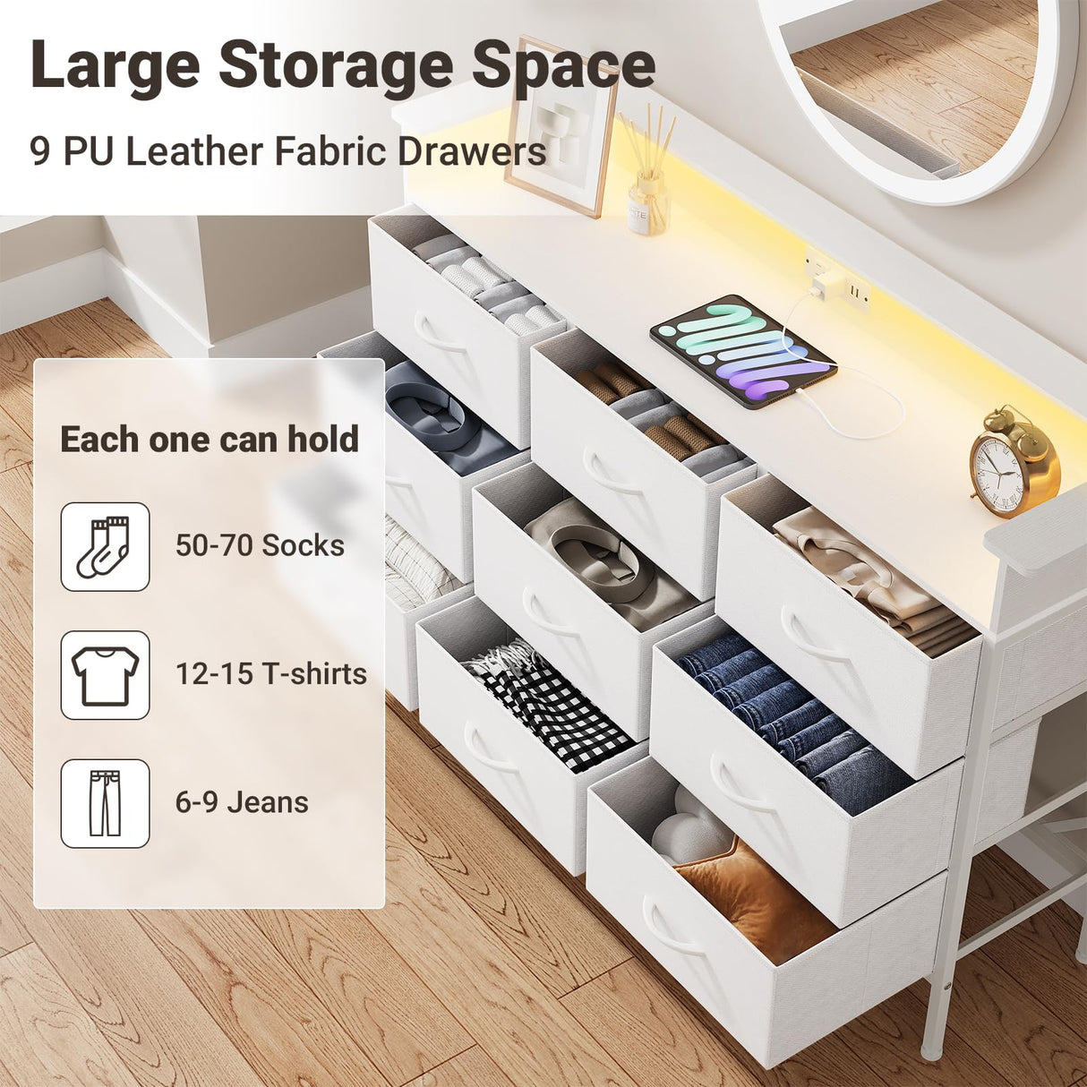 ELYKEN White Dresser with LED Light for Bedroom, Dresser with 9 Drawers and Charging Station, Fabric Chest of Drawers with PU Finish Storage Drawers for Entryway Closet Living Room Hallway Guest Room ELYKEN