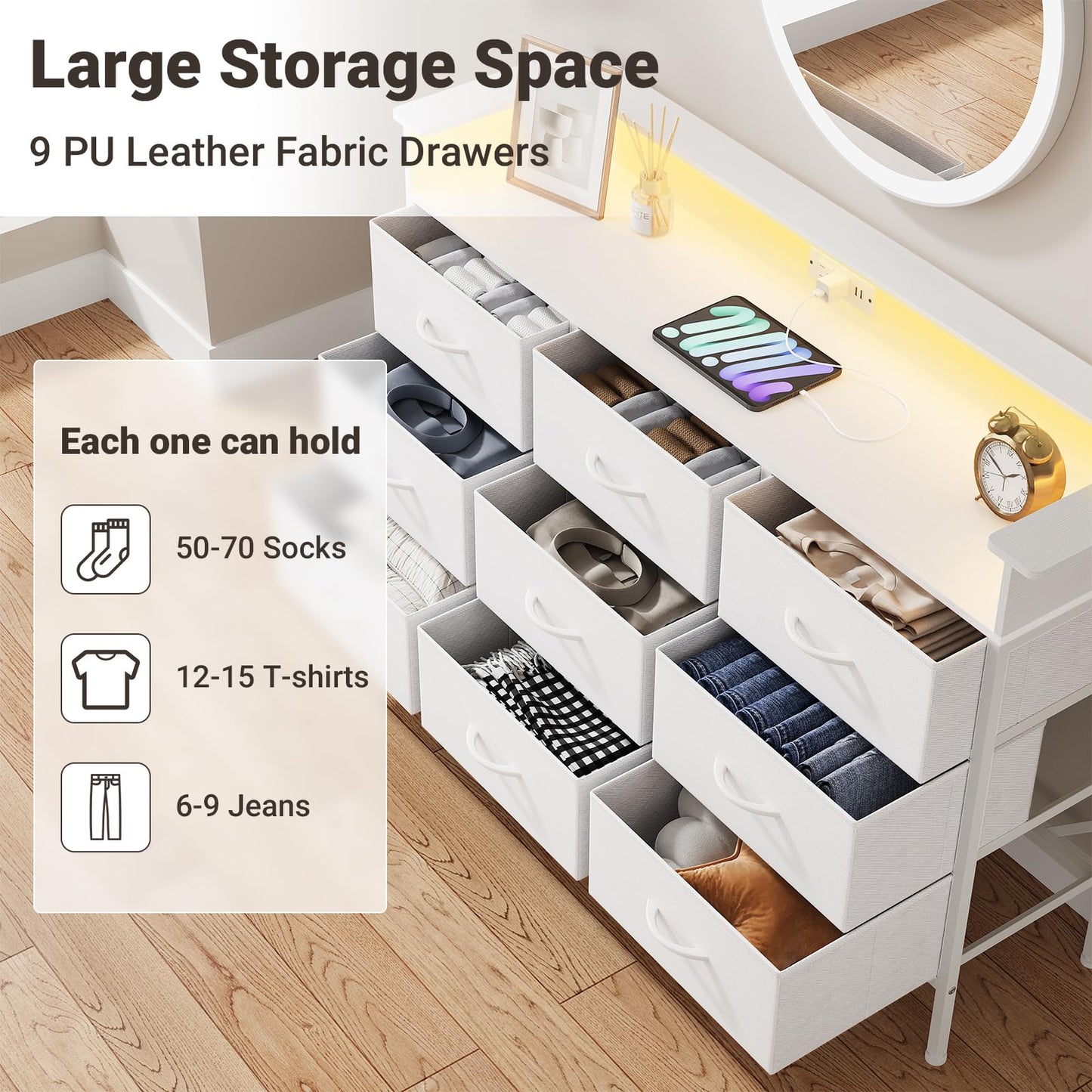 ELYKEN White Dresser with LED Light for Bedroom, Dresser with 9 Drawers and Charging Station, Fabric Chest of Drawers with PU Finish Storage Drawers for Entryway Closet Living Room Hallway Guest Room