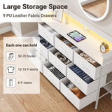 ELYKEN White Dresser with LED Light for Bedroom, Dresser with 9 Drawers and Charging Station, Fabric Chest of Drawers with PU Finish Storage Drawers for Entryway Closet Living Room Hallway Guest Room ELYKEN