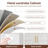 YAUWOH Farmhouse Wardrobe Cabinet with 2 Drawers,Metal Wardrobe Closet with Hanging Rod,Metal Armoire with Adjustable Shelves for Bedroom,Living Room, Cloak Room,Office (White) YAUWOH