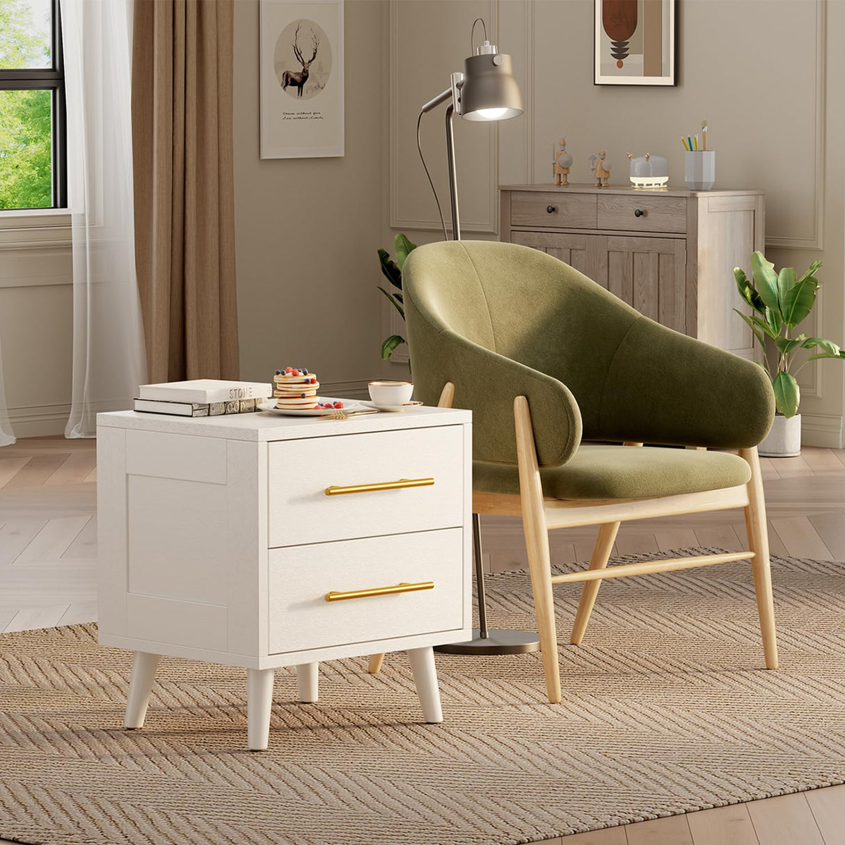 Aiho Nightstand, Bedside Table with Metal Handles, Modern Wood Night Stand 2 Drawer Dresser for Bedroom, White Nightstand Aiho