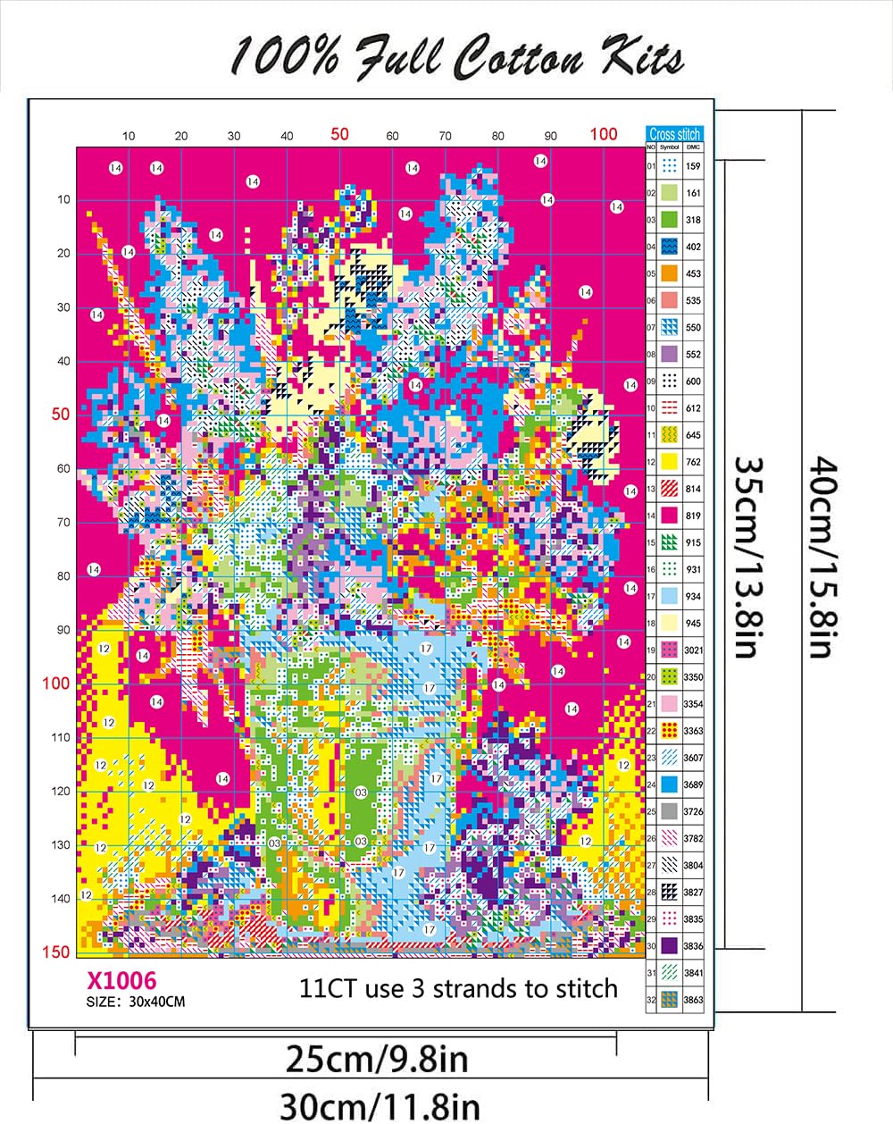 KYOQFVN Colorful Flowers in Bucket Cross Stitch Kits, 11CT Stamped Cross Stitch, Counted Cross Stitch Kits for Adults Patterns Needles Supplies, Beginner Embroidery Kit for Adults 12x16inch KYOQFVN