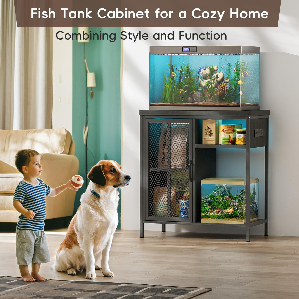 HAIOOU 20-29 Gallon Aquarium Stand with LED Light & Power Outlets, Cross Design Metal Frame Fish Tank Stand Aquarium Table with Cabinet Storage for Turtle Tank Reptile Terrarium, 360LBS Loads - Black HAIOOU