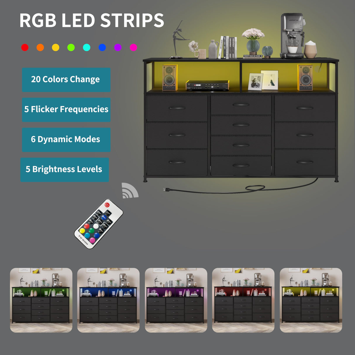 Unionly 55W 10-Drawers Dresser with 2 Open Storage Shelves, TV Stand Dresser for 55,65 inch TV，with Power Outlets and LED Lights, Fabric Dressers Drawers for Bedroom, Living Room (Black) Unionly