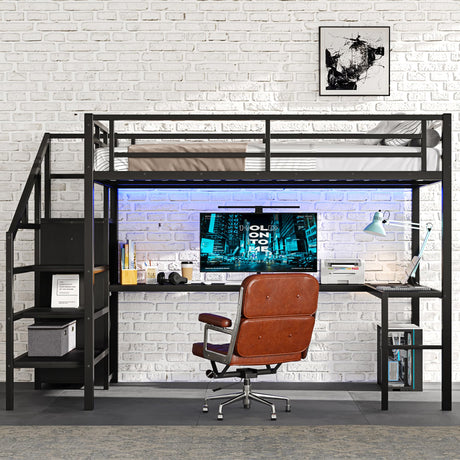 Bellemave Full Size Metal Loft Bed with L Shaped Desk and Wardrobe, Heavy Duty Loft Bed Frame with Storage Stairs, LED Loft Bed Frame with Charging Station & Safety Guard, Space Saving Loft Bed, Black Bellemave