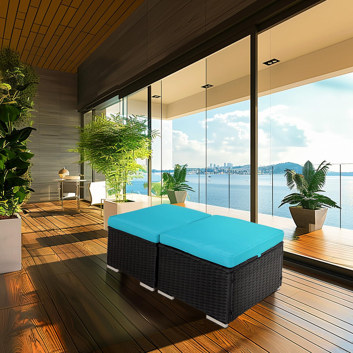 Y Enjoy 2-Pieces Outside Rattan Ottomans，Multipurpose Outdoor Furniture for Patio, Backyard, Additional Seating, Footrest, Side Table w/Storage, Removable Cushions Y ENJOY YOUR DAY I YING