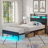 CollaredEagle Twin Size Bed Frame with Headboard, Metal Bed Frame with Charging Station and LED Lights, Heavy Duty Bed with Storage Shelves,Noise Free,No Box Spring,Black CollaredEagle