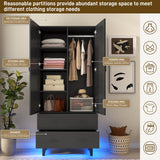 jiteentarou 2 Door Armoire Wardrobe Closet Cabinet with Drawers and LED Lights, Multi-Tier Shelves, Hanging Rod & 2 Louver Doors, Large Capacity Storage Wardrobe Armoire for Bedroom(2 Doors Black) jiteentarou