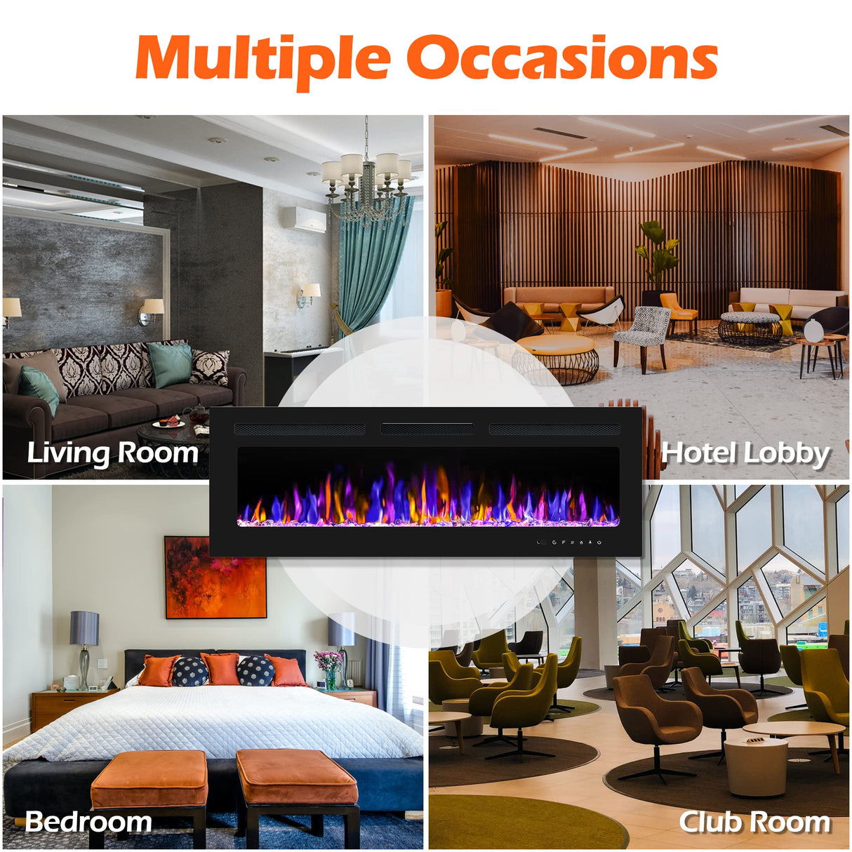 BETELNUT 50" Electric Fireplace Wall Mounted and Recessed with Remote Control, 750/1500W Ultra-Thin Wall Fireplace Heater W/Timer Adjustable Flame Color and Brightness, Log Set & Crystal Options BETELNUT