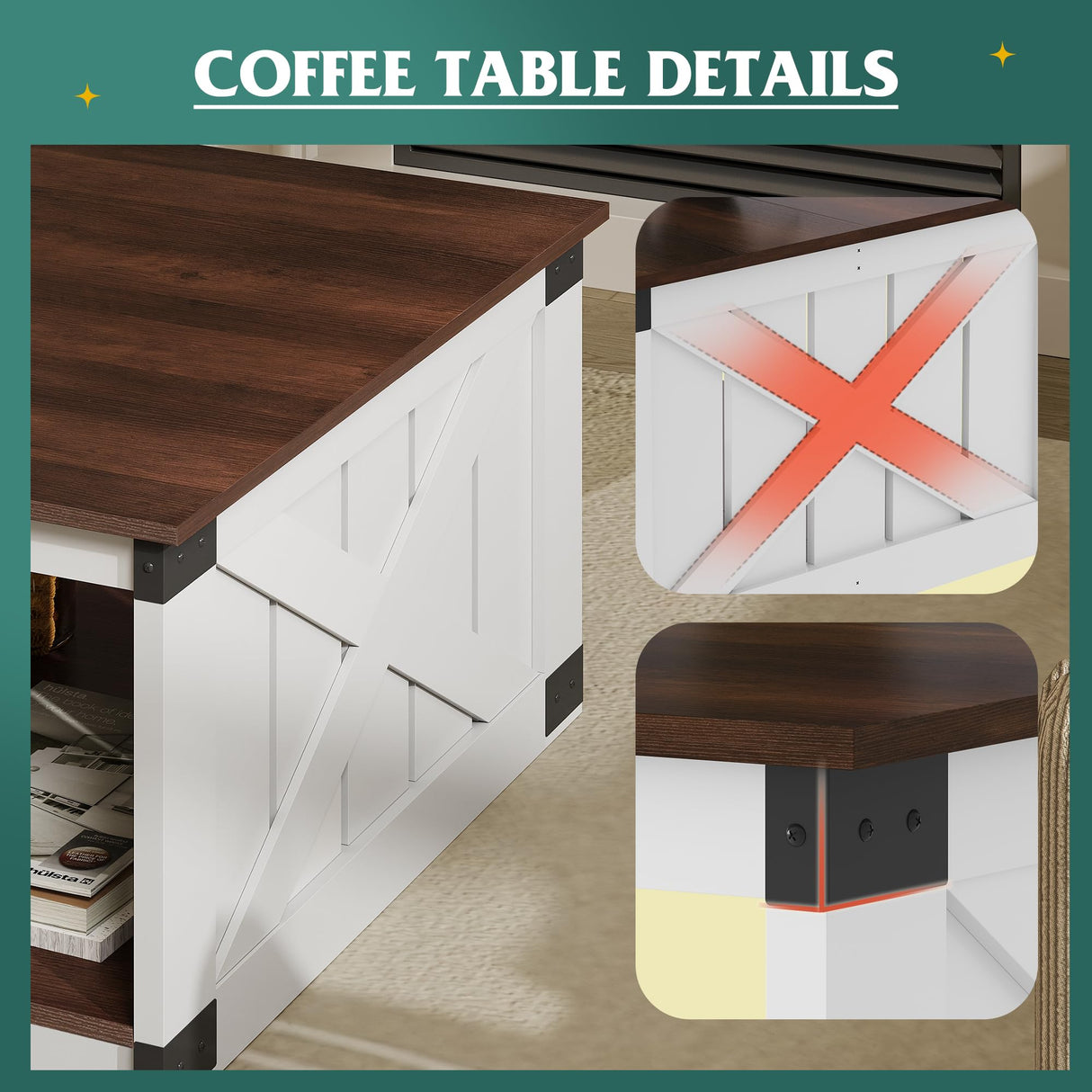 NICBEX Farmhouse Coffee Table, 31.5" Square Coffee Table with Open Storage, Wood Rustic Cocktail Table Center Table for Living Room, Espresso Brown NicBex