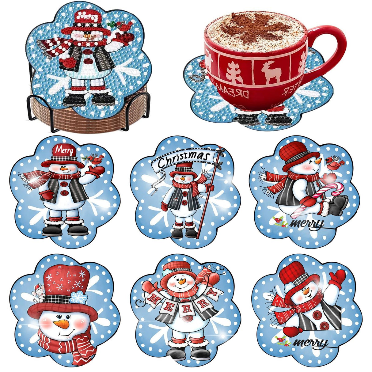 Meothan 6 Pcs Diamond Art Coaster Kits With Holder - Christmas Snowman Diamond Painting for Adults Beginners - 5D Gem Art Dots Paintings With Cork Pads - Crafts Supplies Meothan
