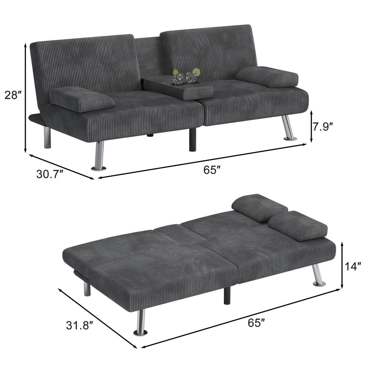 Shahoo Modern Upholstered Convertible Folding Futon Sofa Bed with Removable Armrests, Metal Legs, 2 Cup Holders for Living Room, Grey Shahoo