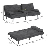 Shahoo Modern Upholstered Convertible Folding Futon Sofa Bed with Removable Armrests, Metal Legs, 2 Cup Holders for Living Room, Grey Shahoo