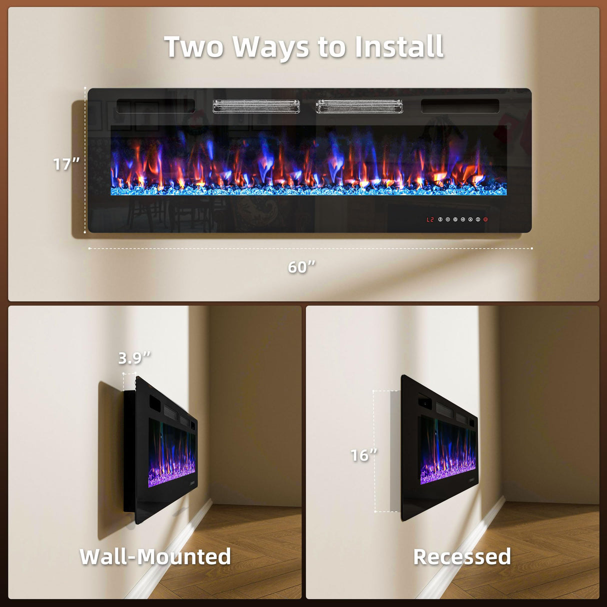 60" Electric Fireplace in-Wall Recessed,1500W Ultra-Thin Wall Mounted Fireplace Heater, Multicolor Flame Low Noise Timer Touch Screen &Remote Control Ludatido
