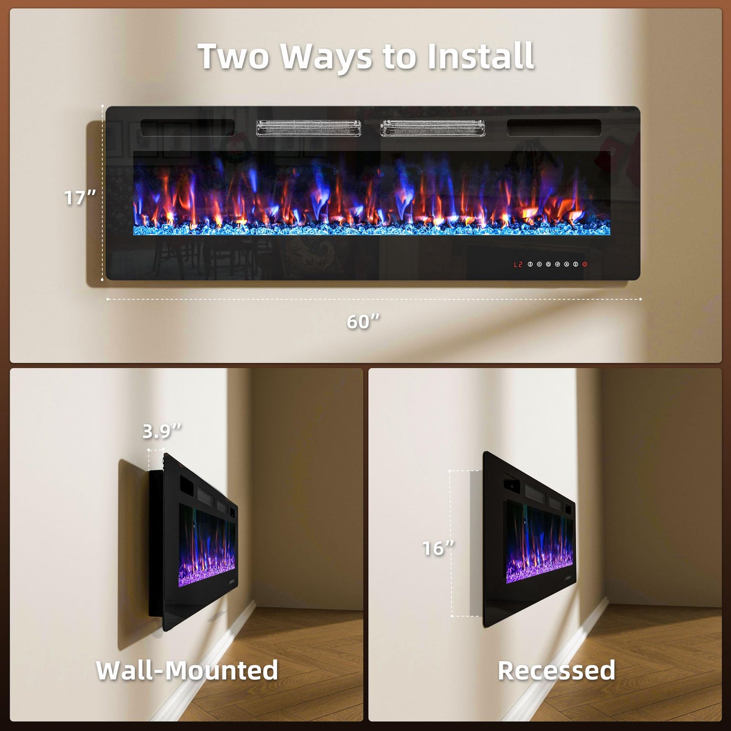 60" Electric Fireplace in-Wall Recessed,1500W Ultra-Thin Wall Mounted Fireplace Heater, Multicolor Flame Low Noise Timer Touch Screen &Remote Control