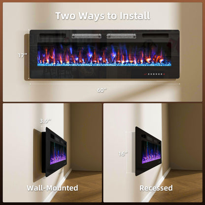 60" Electric Fireplace in-Wall Recessed,1500W Ultra-Thin Wall Mounted Fireplace Heater, Multicolor Flame Low Noise Timer Touch Screen &Remote Control