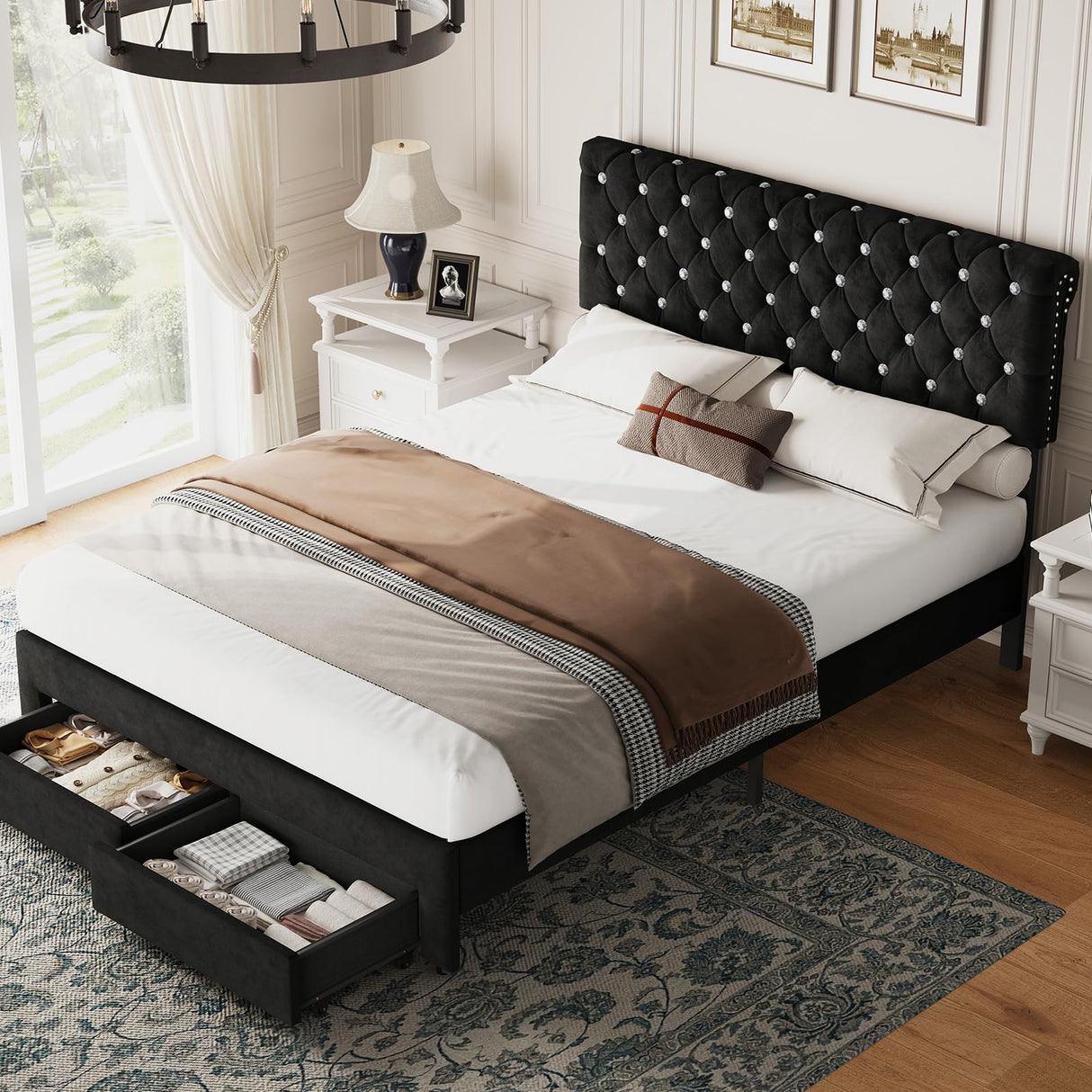Belffin Full Size Bed Frame with 2 Storage Drawers, Upholstered Bed Frame with Adjustable Diamond Headboard, Velvet Modern Platform Bed Frame, No Box Spring Needed, Easy to Assemble, Black Belffin