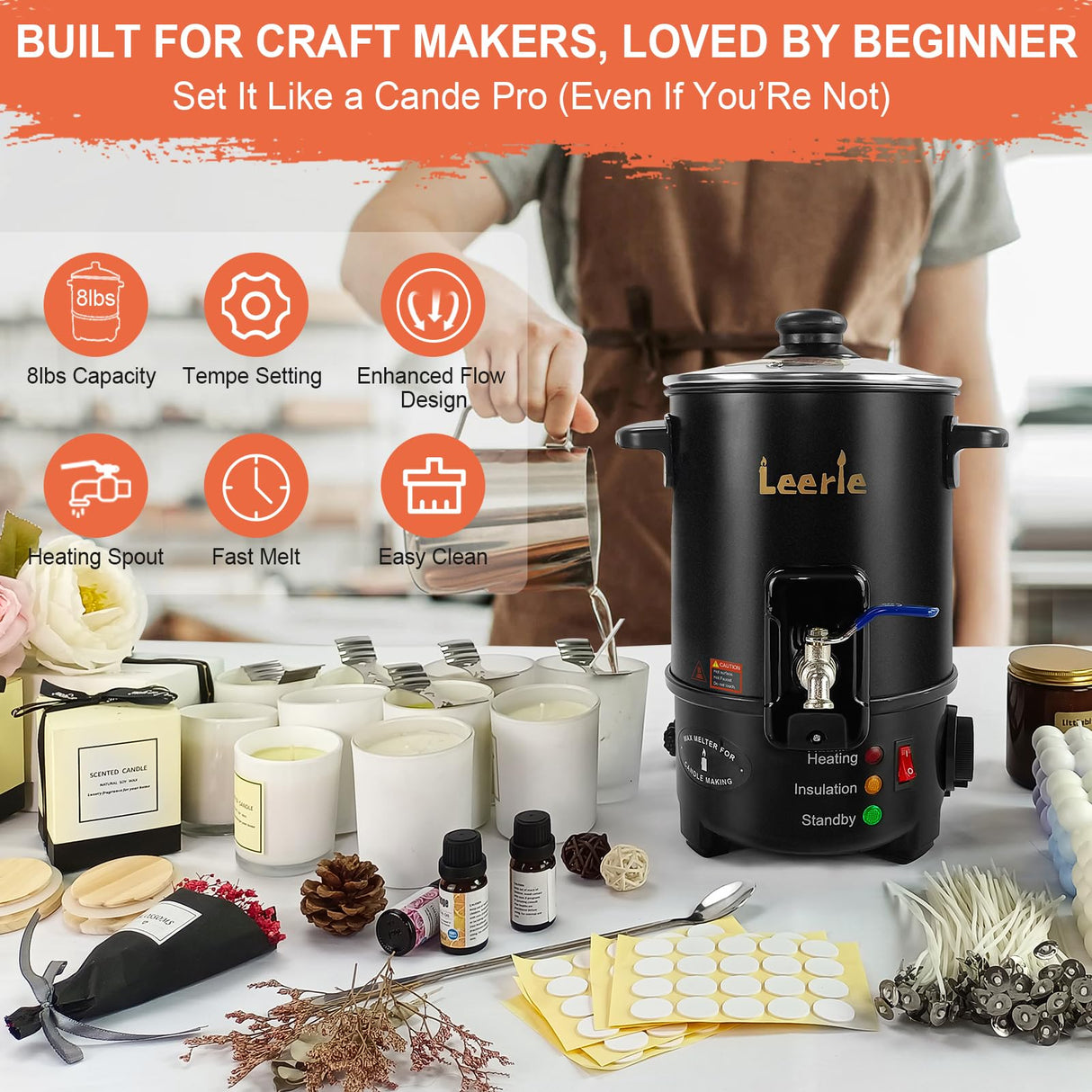 Leerie M4 8Lbs Wax Melter for Candle Making – Heating Core Brass Spout & Temp Control, No Clog, Easy to Clean – Electric Wax Melting Pot for DIY Candle Makers & Beginners Leerie