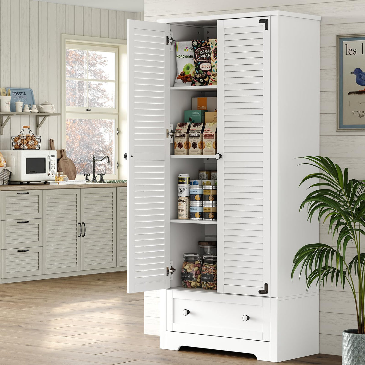 Furnihold 71" Tall Kitchen Pantry with Louver Doors, Wooden Food Pantry Storage Cabinet, Cupboard Buffet Cabinet for Kitchen Dining Living Room Furnihold