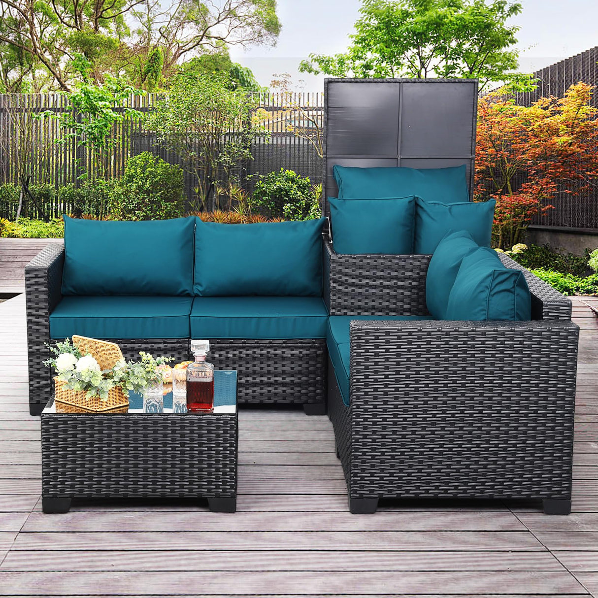 WAROOM Outdoor PE Wicker Patio Furniture Set 4 Piece Black Rattan Sectional Sofa Loveseat Couch Conversation Set with Storage Box Glass Top Table and Anti-Slip Peacock Blue Cushion WAROOM