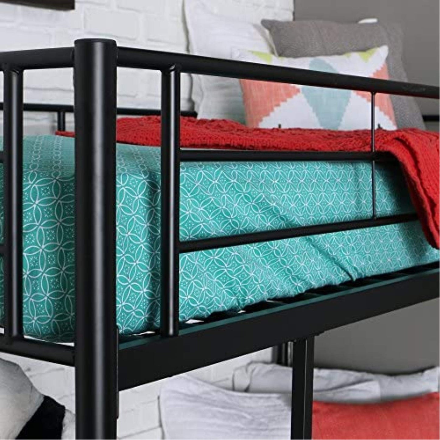 Walker Edison Metal Black Twin Low Loft Bunk Floating Bed Kids Bedroom Storage Guard Rail Ladder Bedframe