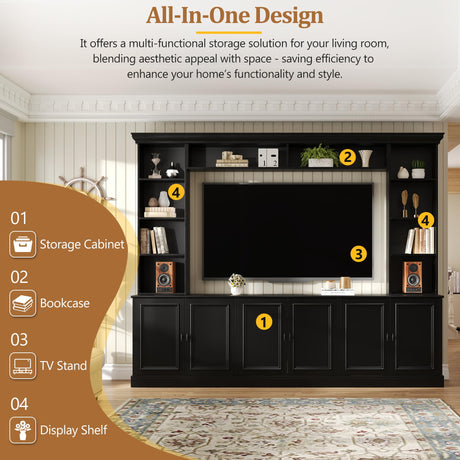 SOFTSEA 4-Piece Wall Unit Entertainment Center with Bookshelves for TVs up to 70", Modern TV Stand with 6 Doors & Adjustable Shelves, Large Media Center with Display Cabinet for Living Room, Black SOFTSEA