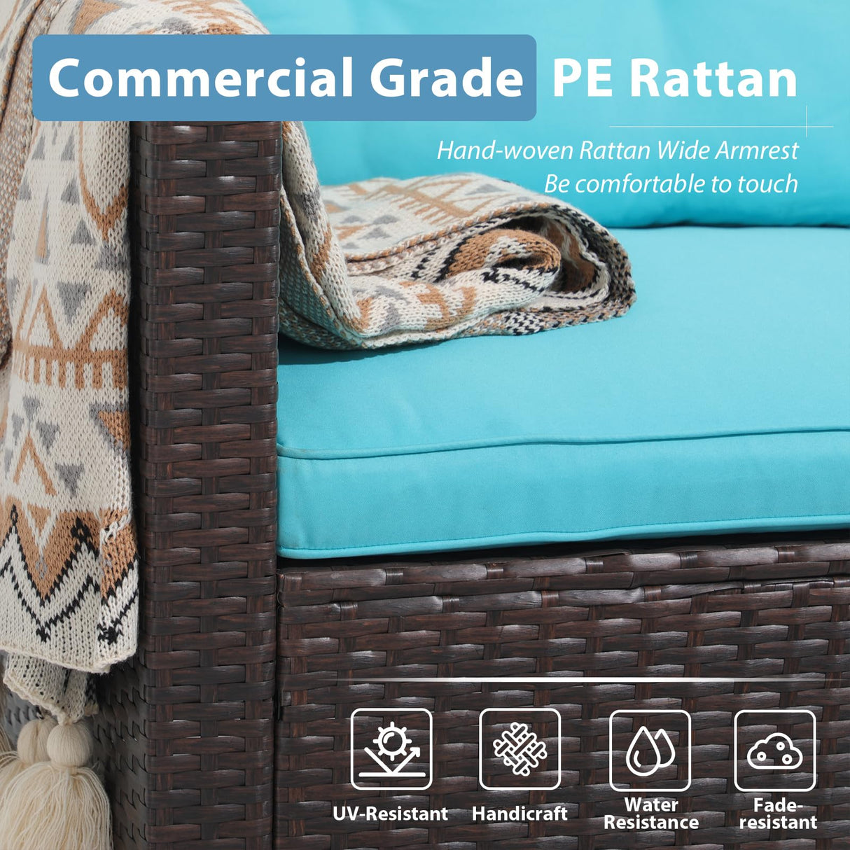 JOIVI Outdoor Wicker Sectional Furniture Set, 3 Piece Patio Furniture with Tempered Glass Coffee Table, Turquoise JOIVI