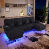 LIFEISLE 104" Sectional Couches for Living Room Modular Sofa with Double Chaise U Shaped Sofa Set with Intelligent Light for Home Furniture, Black LIFEISLE