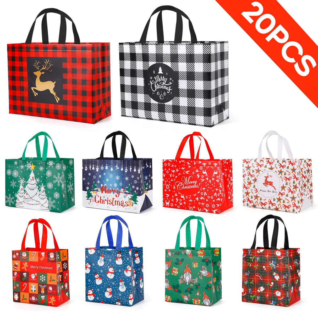 YANGTE 20 Pack Christmas Gift Bags Assorted Sizes, Reusable Tote Bags with Handle, Includes 4 Large 8 Medium 8 Small Non-Woven Christmas Bags for Xmas Party Favors YANGTE