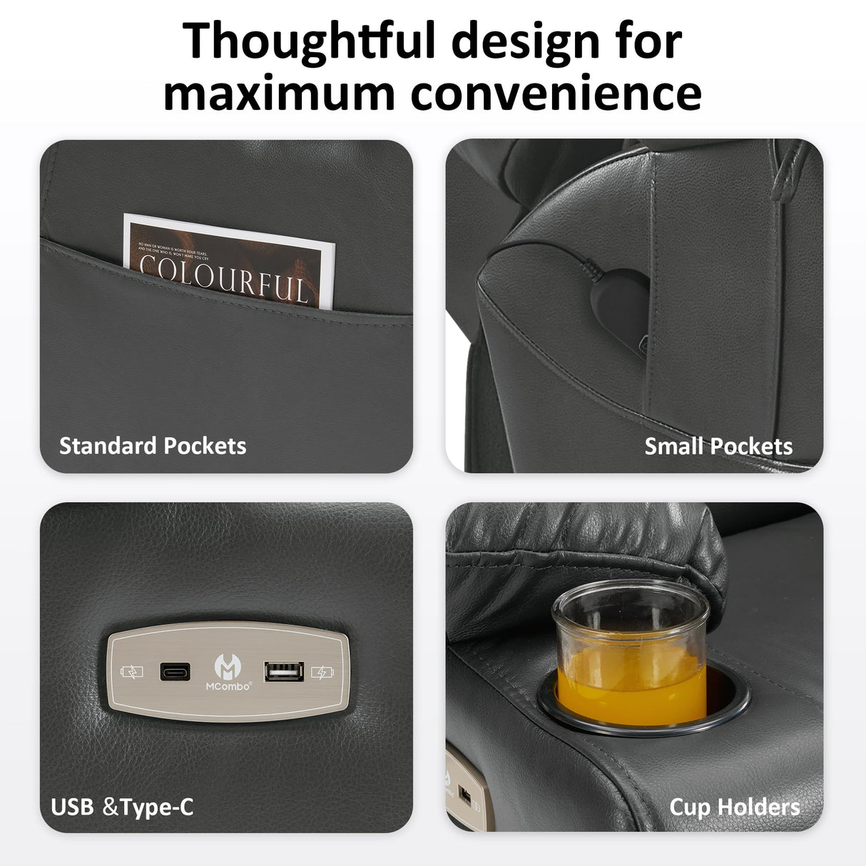 MCombo Large Triple Motor Power Lift Recliner Chair with Massage and Dual Heating, Adjustable Headrest for Tall Elderly People, Faux Leather 7634 (Dark Grey, Large) MCombo